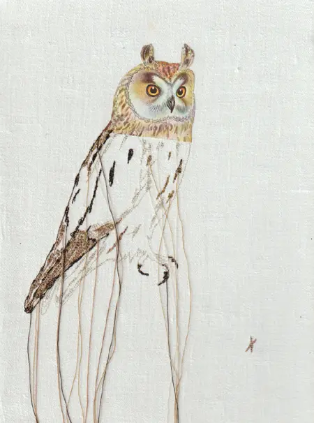 Judith Koning, Ransuil, 125 euro, Mixed media on vintage damask, unframed, 23x18 cm