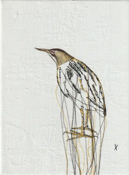 Judith Koning, Roerdomp, 125 euro, Mixed media on vintage damask, unframed, 23x18 cm