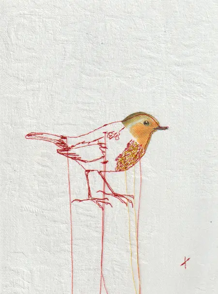 Judith Koning, Roodborst, 125 euro, Mixed media on vintage damask, unframed, 23x18 cm