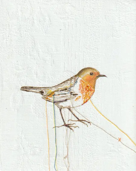 Judith Koning, Roodborst, 125 euro, Mixed media with vintage bird book and damask, unframed, 21x17 cm