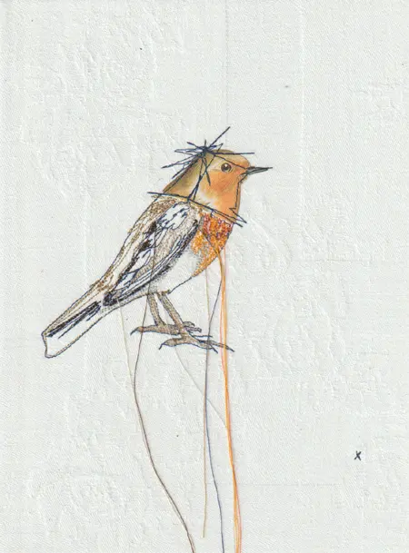 Judith Koning, Roodborst, 125 euro, Mixed media with vintage bird book and damask, unframed, 24x18 cm