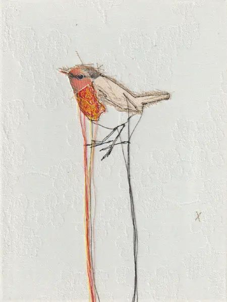 Judith Koning, Roodborstje 4, 125 euro, Mixed media on vintage damask, unframed, 24x18 cm