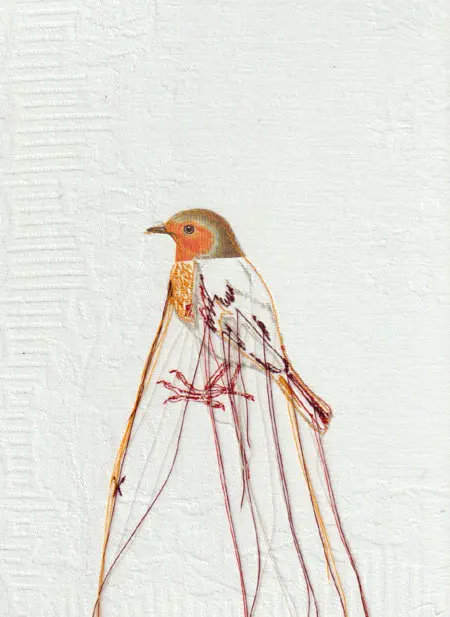 Judith Koning, Roodborstl, 125 euro, Mixed media on vintage damask, unframed, 23x18 cm