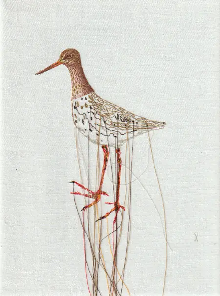 Judith Koning, Tureluur, 125 euro, Mixed media on vintage damask, unframed, 23x18 cm