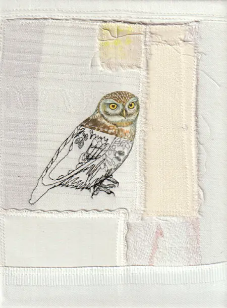 Judith Koning, Uill, 125 euro, Mixed media on damask and other fabrics, 18x24 cm