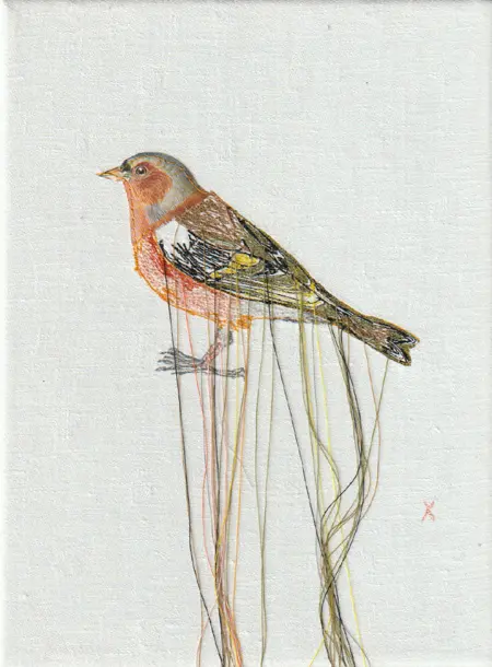 Judith Koning, Vink, 125 euro, Mixed media on vintage damask, unframed, 23x18 cm