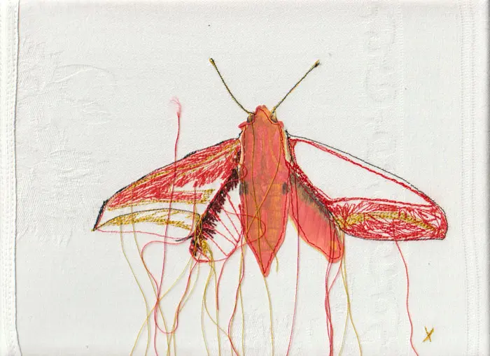 Judith Koning, Vlinder, 125 euro, Mixed media on vintage damask, unframed, 23x18 cm