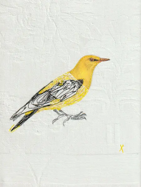 Judith Koning, Wielewaal, 125 euro, Mixed media on vintage damask, unframed, 23x18 cm