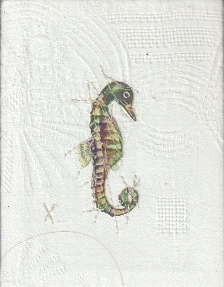 Judith Koning, Zee-Eend, 75 euro, Mixed media on damask, unframed, 12x9 cm