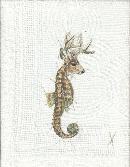 Judith Koning, Zee-Hert, 75 euro, Mixed media on damask, unframed, 12x9 cm