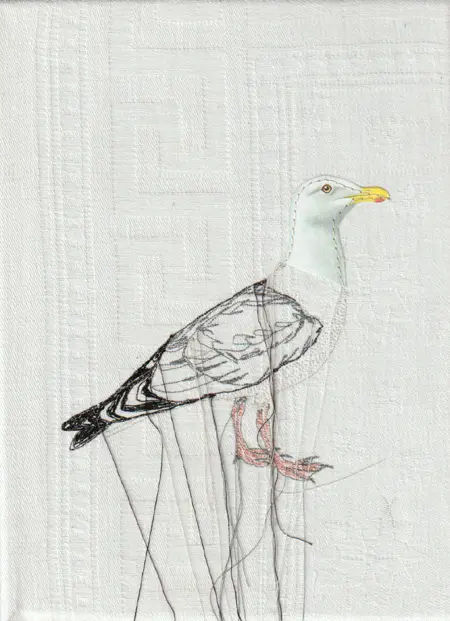 Judith Koning, Zilvermeeuw, 125 euro, Mixed media on vintage damask, unframed, 23x18 cm