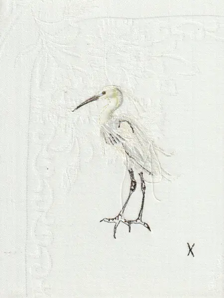 Judith Koning, Zilverreiger, 125 euro, Mixed media on damask, unframed, 24x18 cm