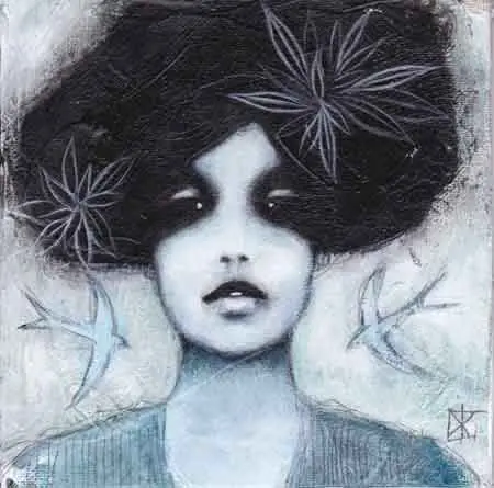 Karine Stader, Blue 4 - blue bird song 2, Mixed media on canvas, 20x20 cm, €.200,-
