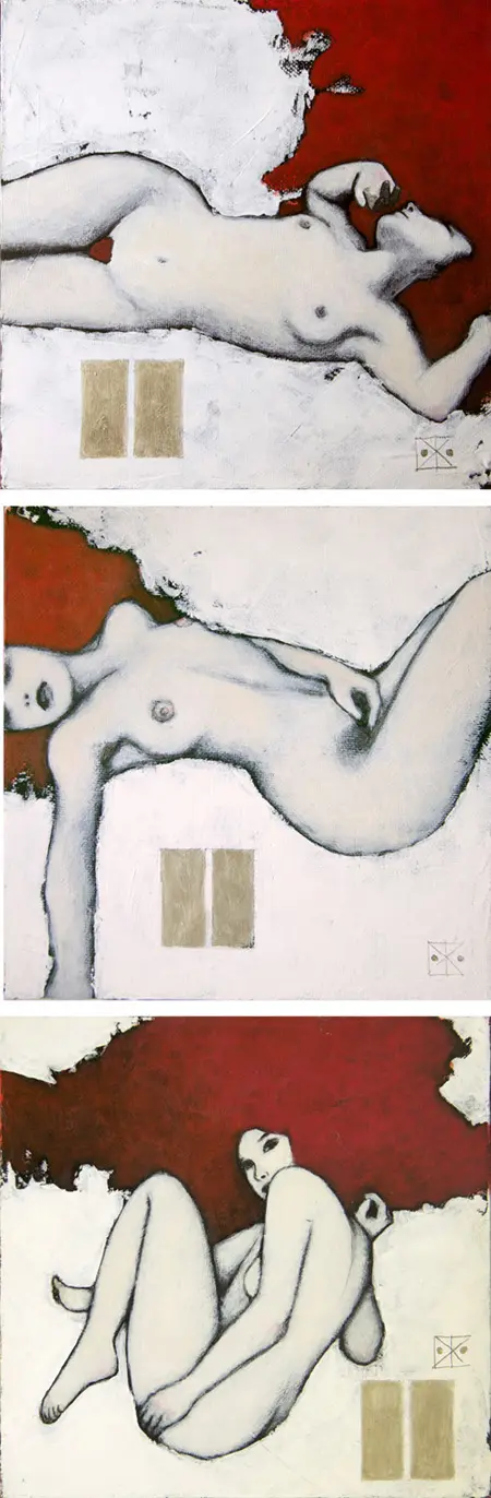 Karine Stader, Pause 1, 2 en 3, Mixed media on canvas, 20x20 cm, €.230,-