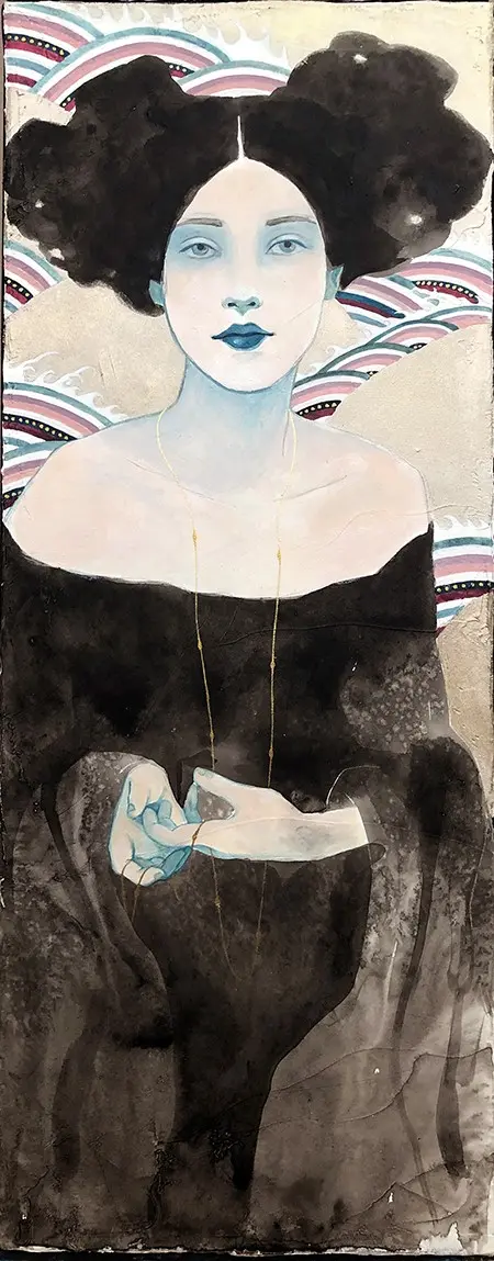 Karine Stader, The Pendant, 690 euro, Mixed media with gold leaf on canvas, unframed, 50x30x 3 cm