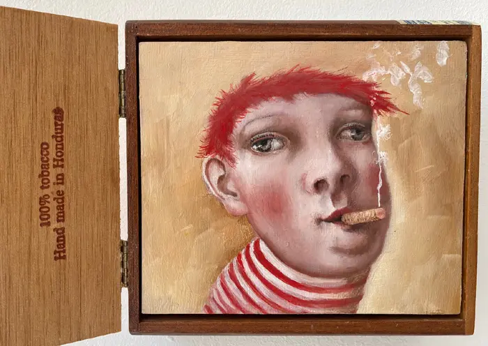 Koos ten Kate, Cadet, Oil on panel in wooden cigar box, 16x13x4 cm, €.165,-