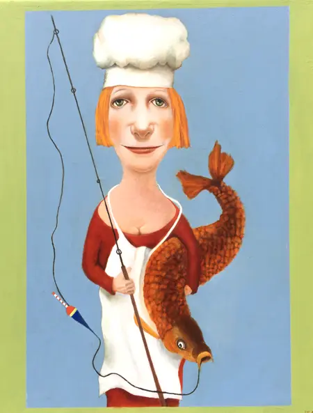 Koos ten Kate, Visvrouw, 125 euro, Oil on canvas, unframed, 60x50 cm (inclusief kookboek waar dit kunstwerk in staat)