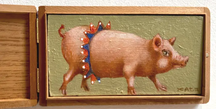 Koos ten Kate, Wil varken, 85 euro, Oil on panel in cigar box, 7x13 cm