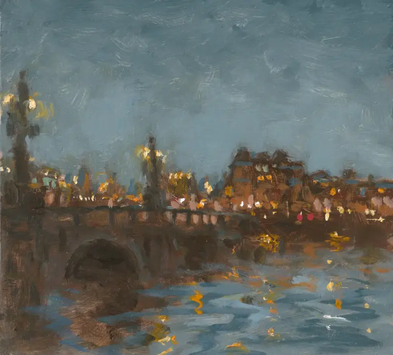 Leo van der Vlist, Blauwbrug bij nacht, Oil on panel, 20x22x3 cm, €.230,-