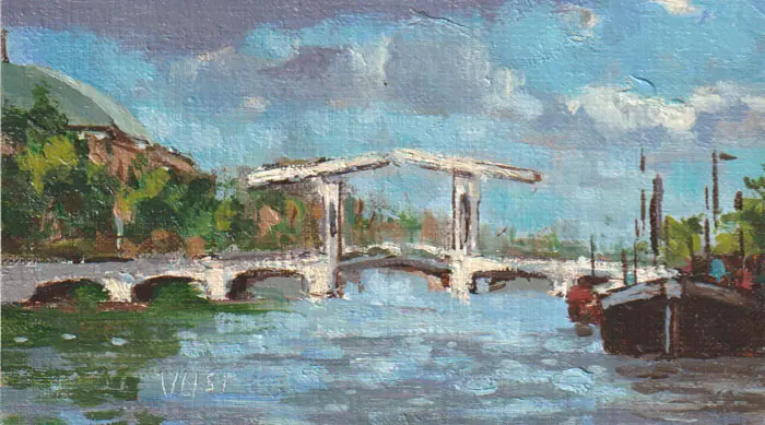 Leo van der Vlist, Magere Brug A (richting Carré), Oil on canvas on MDF, 10x18 cm, €.230,-