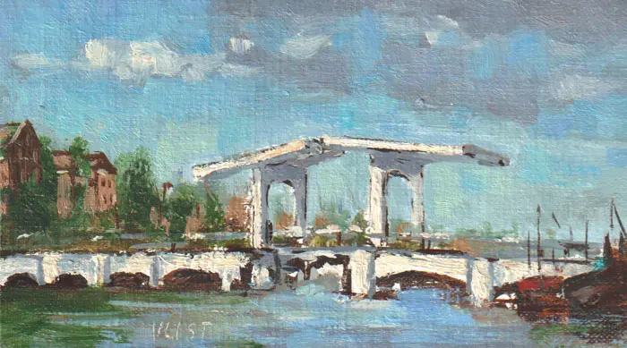 Leo van der Vlist, Magere Brug B (richting Stopera), Oil on canvas on MDF, 10x18 cm, €.230,-