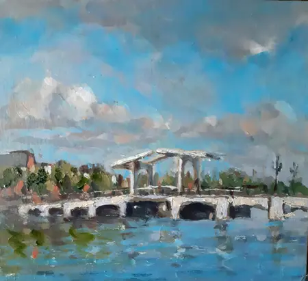 Leo van der Vlist, Magere brug E zonlicht, Oil on panel, 20x22x3 cm, €.230,-