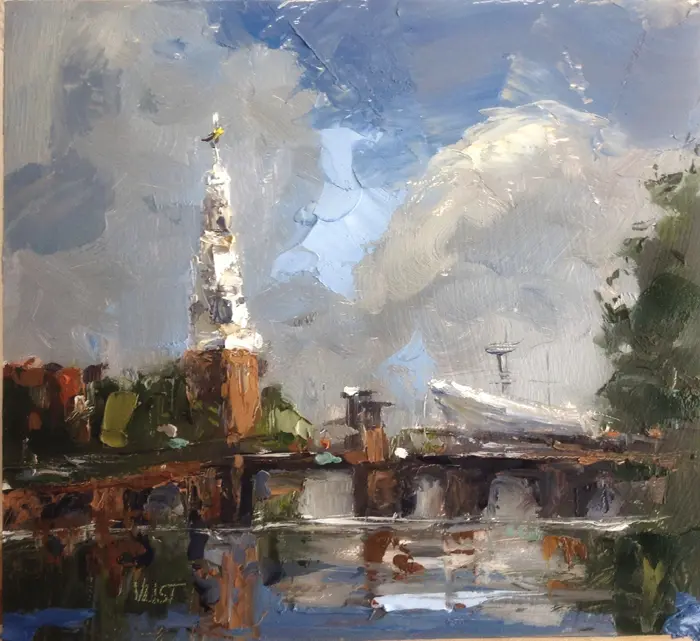 Leo van der Vlist, Montelbaanstoren, Oil on panel, 20x22 cm, €.230,-