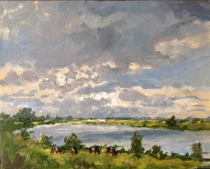 Leo van der Vlist, Rivierenlandschap in tegenlicht, 650 euro, Oil on panel in wooden frame, 24x30 cm