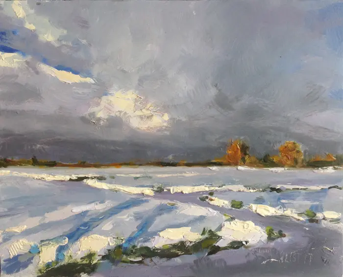 Leo van der Vlist, Warmoeskade in de winter, 650 euro, Oil on panel in wooden frame, 24x30 cm