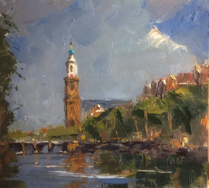 Leo van der Vlist, Westerkerk (liggend), Oil on panel, 20x22 cm, €.230,-