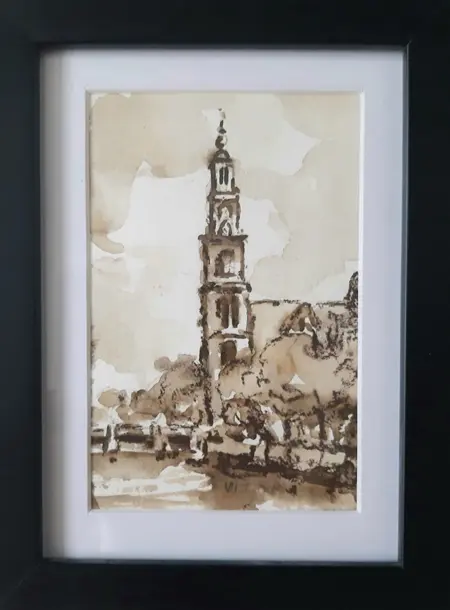 Leo van der Vlist, Westertoren, 95,- sepia sketch on paper in frame, 18x13 cm.