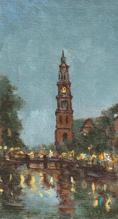 Leo van der Vlist, Westertoren bij nacht, Oil on canvas on MDF, 10x18 cm, €.230,-