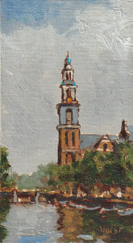 Leo van der Vlist, Westertoren, Oil on canvas on MDF, 10x18 cm, €.230,-