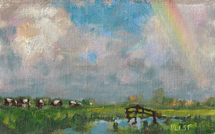 Leo van der Vlist, Zomeronweer, Oil on canvas on MDF, 10x18 cm, €.230,-