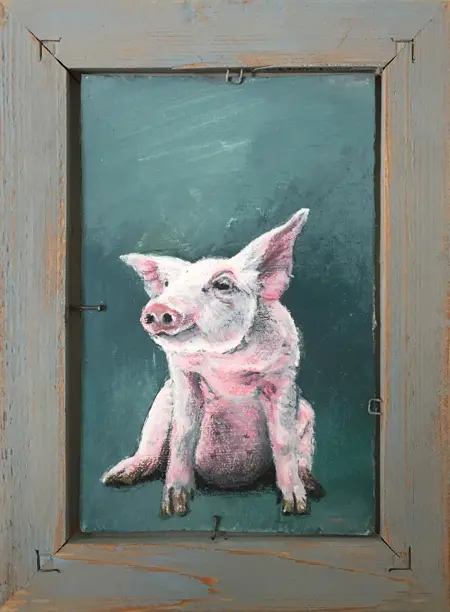 Liesbet Milort, Biggetje, Acrylic on cardboard in reversed frame, 20x15 cm, €.95,-