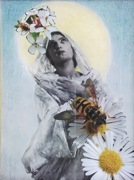 Liesbet milort, Bloemetjes en Bijtjes 2, Mixed media with collage and old wedding photo in frame, 23x18 cm, €.65,-