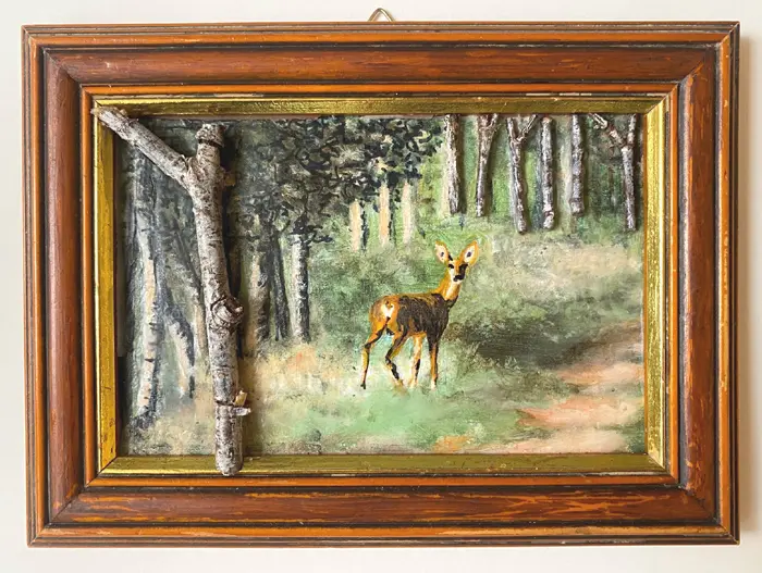 Liesbet Milort, Dear in the woods, 125 euro, Acrylic on panel in vintage frame, 14x19 cm incl. frame
