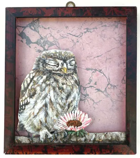 Liesbet Milort, Dreaming of flowers, 175 euro, Mixed media with old wood in vintage frame, 15x14 cm