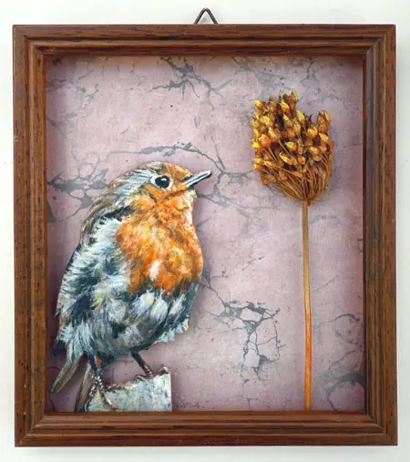 Liesbet Milort, End of Season, 175 euro, Mixed media with old wood in vintage frame, 15x14 cm