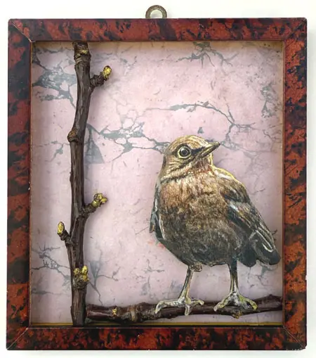Liesbet Milort, Golden Song, 175 euro, Mixed media with old wood in vintage frame, 15x14 cm