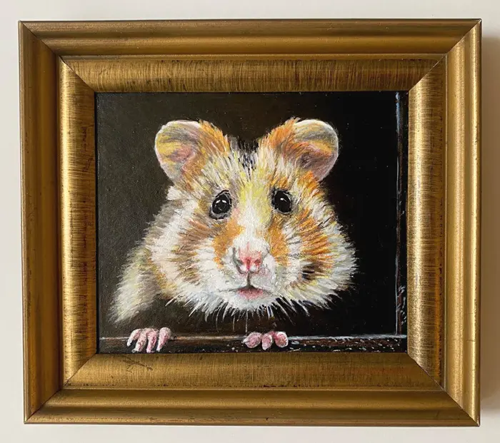 Liesbet Milort, Goldhamster, 185 euro, Acrylic on panel in vintage frame, 17,5x15,5cm incl. frame