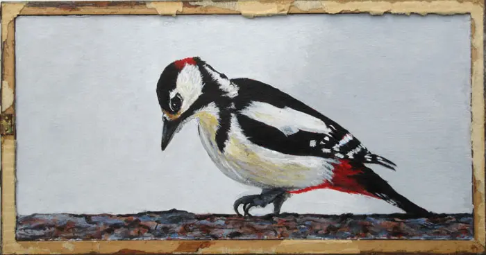 Liesbet Milort, Grote Bonte Specht in omgekeerd lijstje, Acrylic on cardboard, 9x21 cm, €.150,-