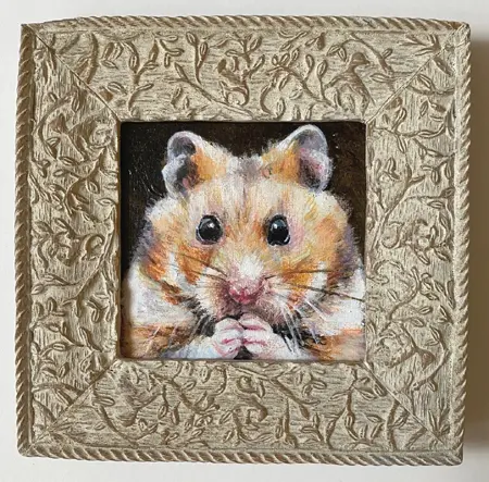 Liesbet Milort, Hamstertje, 95 euro, Acrylic on panel in vintage frame, 13,5x14 cm incl. frame