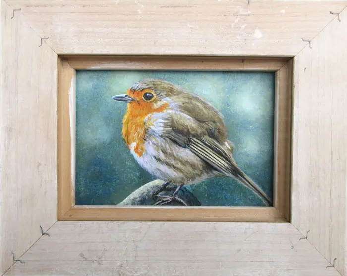 Liesbet Milort, Roodborst binnenstebuiten, Acrylic on cardboard in reversed wooden frame, 18x23 cm, €.125,-