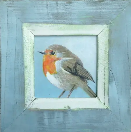 Liesbet Milort, Roodborst blauw, Acrylic on panel, 19x19 cm in old frame (work, 9x9 cm), €.125,-