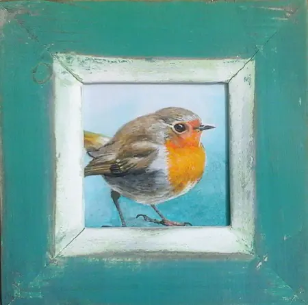 Liesbet Milort, Roodborst groen, Acrylic on panel, 19x19 cm in old frame (work, 9x9 cm), €.125,-