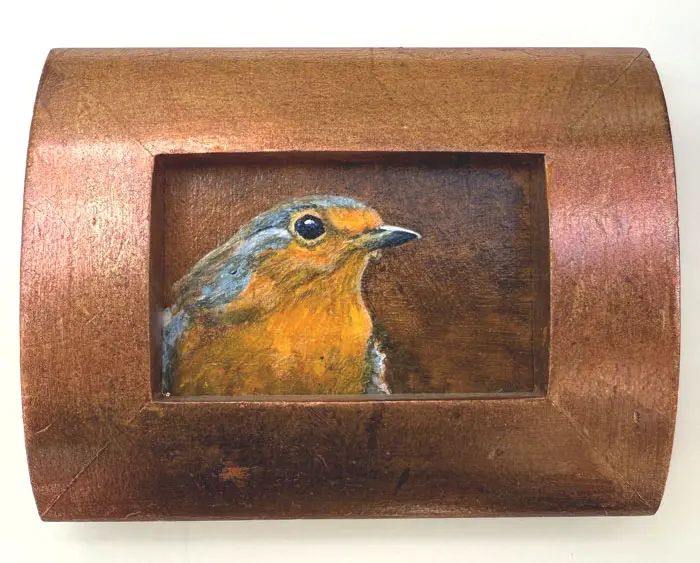 Liesbet Milort, Roodborst in roestbruin, 95 euro, Acrylic in vintage frame, 7x5 cm in frame, 11x10 cm