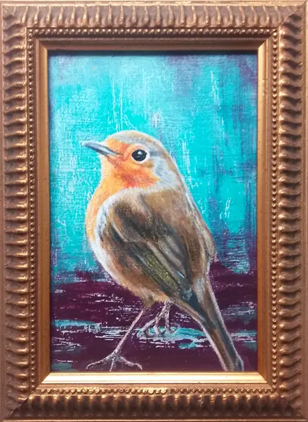Liebet Milort, Roodborst, 195 euro, Acrylic and chalk in vintage frame, 14x19 cm