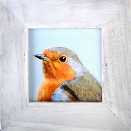 Liesbet Milort, Roodborstkop, Acrylic on cardboard in wooden frame, 9x9 cm/16x16 cm, €.125,-