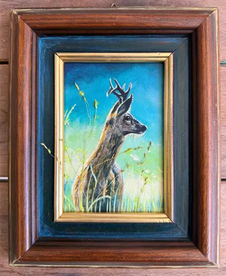 Liesbet Milort, Sunset Deer, 195 euro, Mixed media in vintage frame, 23x19 cm